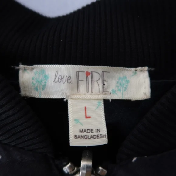 love, Fire Midnight Star Black Bomber Jacket Size Large - Picture 3 of 11